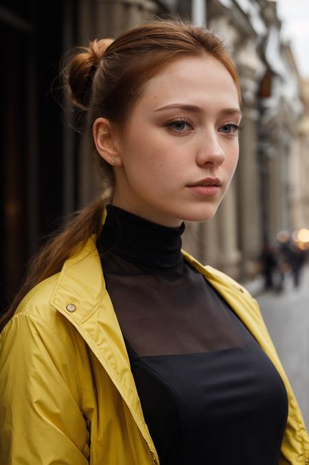 (closeup faceshot:1.4) Portrait of pretty young (18-year-old)white skin Caucasian (futurapristine4675v5) ((Posing with one hand on the thigh, the other hand resting on the shoulder, radiating allure.:1.07)), (flat chest:1.15), outdoor, BREAK (ginger Sleek middle part with low bun: Hair styled with a sleek middle part and gathered into a low, polished bun, exuding sophistication and refinement.), no makeup, long dainty necklace, ((high neck top and big puffer jacket)) , <lora:epi_noiseoffset2:1> BREAK (magazine cover:1.10), BREAK (masterpiece, extremely detailed skin, photorealistic, heavy shadow, dramatic and cinematic lighting, key light, fill light), sharp focus, BREAK location is (outdoor Moscow, Russia), <lora:ClothingAdjuster3:-0.5>