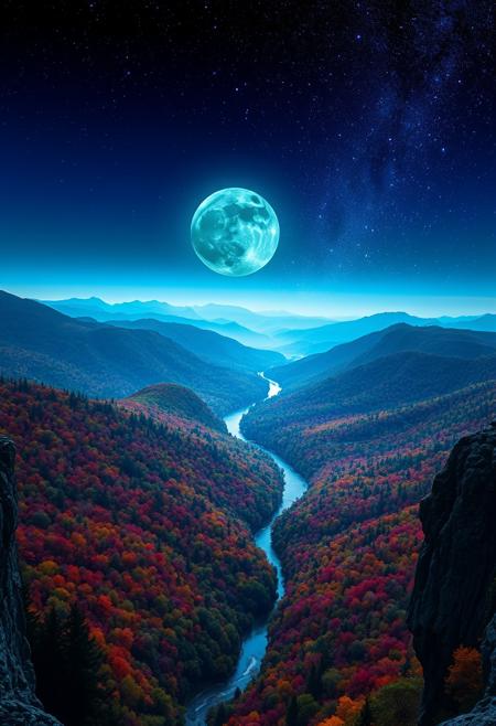 Generate a nighttime landscape viewed from a high cliff on a mountain. The sky is dominated by a full, deep blue moon with a subtle green tint, casting a mystical glow over the scene. Below, a vast, vibrant forest stretches out, its trees displaying a kaleidoscope of rich colors. A winding river snakes through the valley, reflecting the moon's light. The sky is filled with an abundance of awe-inspiring stars in bright, vivid colors, adding to the surreal beauty of the landscape.