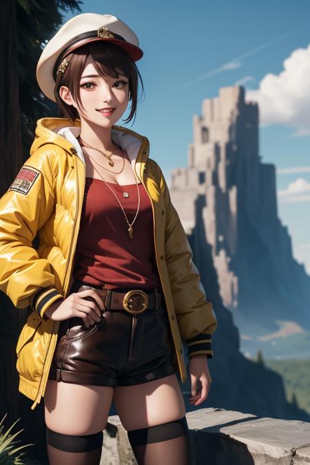 riza, brown hair, single glove, thighhighs, brown eyes, red shorts, jewelry, belt, hat, white headwear, necklace, yellow jacket, hair ornament, short hair, brown glove, shirt, standing, looking at viewer, smile, outdoors, nature, smile, dynamic angle, 1girl, (masterpiece:1.3), (high resolution), (8K), (extremely detailed), (4k), (pixiv), perfect face, nice eyes and face, (best quality), (super detailed), detailed face and eyes, (solo), textured skin, absurdres, highres