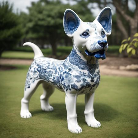 a (bwporcelaincd, porcelain, shiny) dog, (solo:1.2), standing in lawn, <lora:bwporcelaincd-000015:1.0>, no humans, high quality, masterpiece, realistic, photorealistic, long-focus, (outdoors)