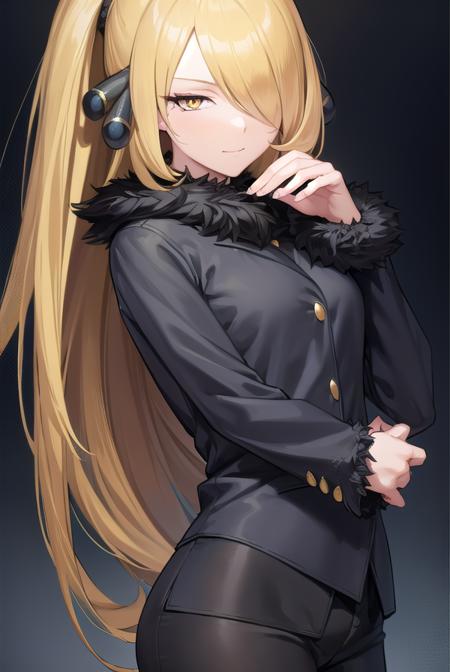 pokemoncynthia, <lyco:pokemoncynthia-lyco-nochekaiser:1>,
pokemoncynthia, blonde hair, hair ornament, (hair over one eye:1.5), long hair, (yellow eyes:1.5), <lora:sensualface_type1:1>, smile,
BREAK black coat, black pants, black shirt, coat, fur collar, fur trim, fur-trimmed sleeves, pants, shirt,
BREAK looking at viewer, upper body, full body, (cowboy shot:1.5),
BREAK outdoors, nature, sky,
BREAK <lyco:GoodHands-beta2:1>, (masterpiece:1.2), best quality, high resolution, unity 8k wallpaper, (illustration:0.8), (beautiful detailed eyes:1.6), extremely detailed face, perfect lighting, extremely detailed CG, (perfect hands, perfect anatomy),