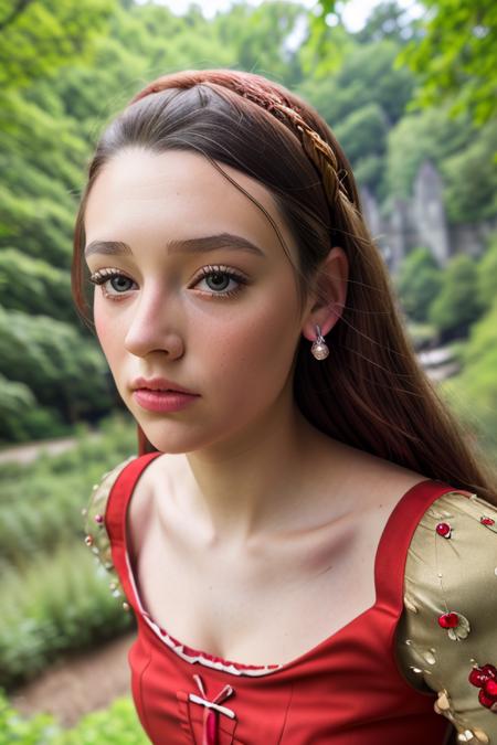 a beautiful young woman, in a red princess dress, in a forest paradise, castle ruins in the background, (upper body, close up), candid, amateur, (raw, 8k, uhd, fujifilm xt3), sharp focus, [natural skin, highly detailed face], <lora:oliviaHussey:1>