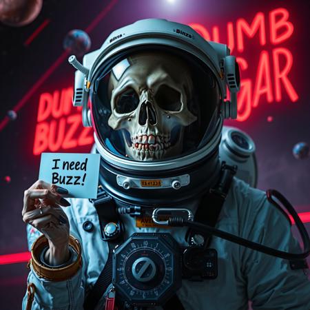 masterpiece, intricate photo realistic photo, realistic outer space skull astronaut in astronaut suite with helmet and transparent visor holding a small white sign on which is written "I need Buzz!", background outer space, stars, galaxies, nebulae, in the sky is written in neon letters "Dumb Buzz Beggar", hyper realistic, highly detailed, sharp focus, dusk and dawn of technology, dark art, gothic art, cyberpunk style, best quality, high resolution, colorful, vibrant colors, studio lighting, high quality image, no wrong proportions, 8K
