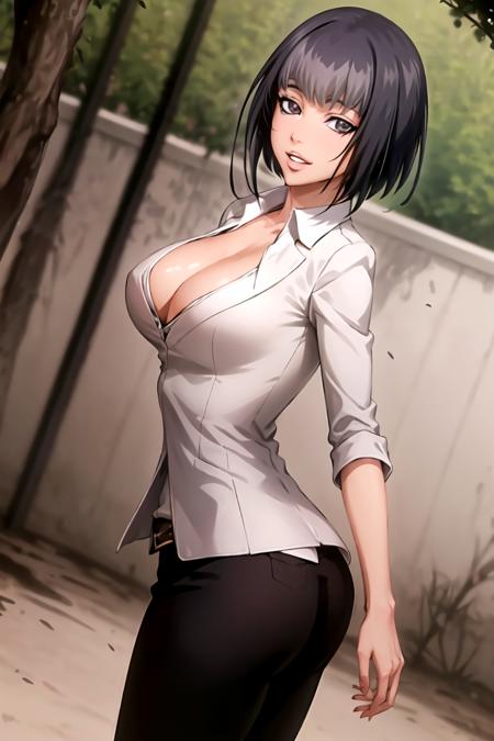 1girl, solo, outdoors, park, looking at viewer, white shirt, formal, belt, pants, medium breasts | big breasts, short hair, black hair, deep grey eyes, parted lips, <lora:aura-000004:1>, smile, cleavage, from side, ass