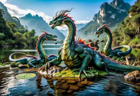 eerie swamp, hydra, three headed dragon, long necks, (one body), wet, half submerged, glistening scales, (absurd res:1.2), (photorealistic:1.2), BREAK, (8k:1.0), (hi res:1.0), (masterpiece:1.0), (best quality:1.0), (realistic:1.2), (ph0t0x2:1.0), (vibrant colors:1.0)