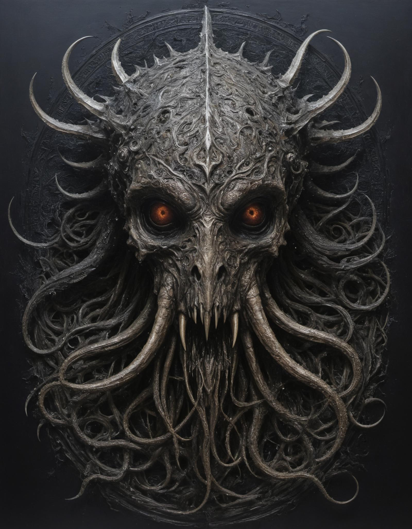 A grotesque and spooky image of a demon with fangs, horns, and multiple eyes.