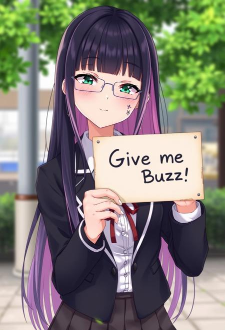 score_4,score_5,score_6,score_7_up,score_8_up,score_9 ((masterpiece,best quality,ultra detailed,highres,HD,4k:1.2)), 
1 girl,solo,face focus,
((glasses)),
((kurosawa dia,dia kurosawa,very long hair,blunt bangs:1.1)),very long black hair,very long multicolored hair,very long Inner color pink hair,green eyes,tattoo,earrings,small breast,
Blazer, school uniform, skirt, ribbon tie,
(("Give me Buzz.",Beggars Borad,Holding a sign, holding a sign that says, "Give me Buzz."))
wink,happy,blush, looking at viewer, smile,