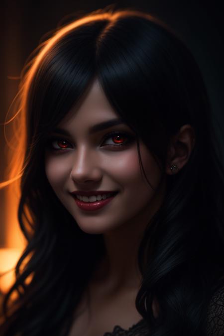 beautiful detailed portrait, dark-skinned sexy demon girl, long wavy black hair, beautiful detailed face, orange glowing eyes, devious grin, best quality, extemely detailed, cinematic, ((dark lighting, dark ambiance, middle of the night))