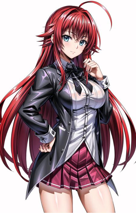 (masterpiece, top quality, best quality, official art, beautiful and aesthetic:1.2),(8k, best quality, masterpiece:1.2), 1girl, mature girl, solo, Rias_Gremory, Rias, (looking at viewer, cowboy shot, standing:1), (crimson red hair, red hair, red colored hair, flowing hair, red long hair, long ahoge:1.2), (blue eyes, light blue shining eyes:1.3), [smile, closed mouth:1.2], [large breasts, sexy:1], (Rias School, school uniform, red pleated skirt, white shirt, black jacket:1.15), <lora:more_details:.4>, <lora:RiasLora:.7>