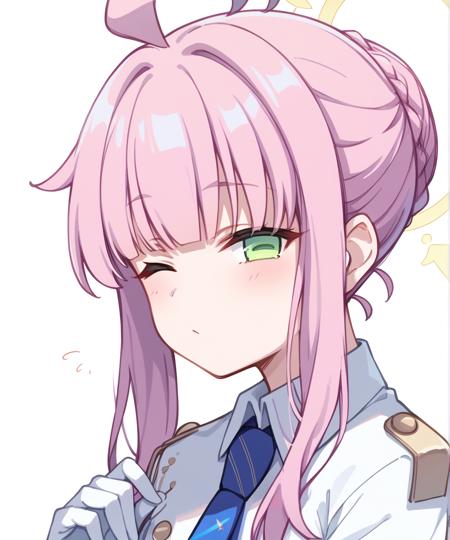 shiranui kaya (blue archive), halo, pink hair, blunt bangs, sidelocks, braided bun, tied hair, ahoge, green eyes, horizontal pupils, white shirt, blue necktie, yellow button, white gloves, white skirt, white pantyhose, white shoes, shiranui kaya (blue archive), halo, pink hair, blunt bangs, sidelocks, braided bun, tied hair, ahoge, closed eyes, white shirt, blue necktie, yellow button, white gloves, white skirt, white pantyhose, white shoes,