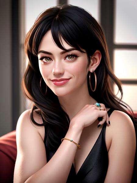 Realistic photo of a beautiful m4gg13s woman, 1girl,solo,long hair,looking at viewer,smile,black hair,dress,jewelry,sitting,earrings,nail polish,black dress,bracelet,ring,black nails,hoop earrings,realistic,soft lighting, professional Photography, Photorealistic, detailed, RAW, analog, sharp focus, 8k, HD, high quality, masterpiece<lora:m4gg13s:1.0>