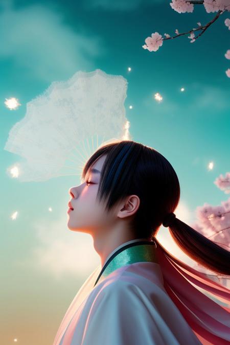 (anime masterpiece),(best quality),(ultra-detailed),(8k wallpaper), [1boy (18 years old) performing fan dance] wearing dynamic hanfu with glowing cloud patterns, (sparkling eyes with gradient cyan pupils), (blushing cheeks partially hidden by silk sleeve), (flowing short hair with azure highlights), [unfolded silk fan casting prismatic light beams], (particle effects: swirling cherry blossoms + glowing ink splashes), (dramatic perspective from low angle), (neon bamboo forest background with floating talisman papers), (Studio Ghibli-style color grading) --v 5.2 --style anime