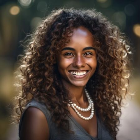 <lora:gaiascodellaro_xl_lora:1> gaiascodellaro Realistic 8K portrait: A young Smiling (brown skin) brunette, bright brown eyes, wind-blown long hair, pearl necklace; dramatic lighting, cinematic colors; hyper-above