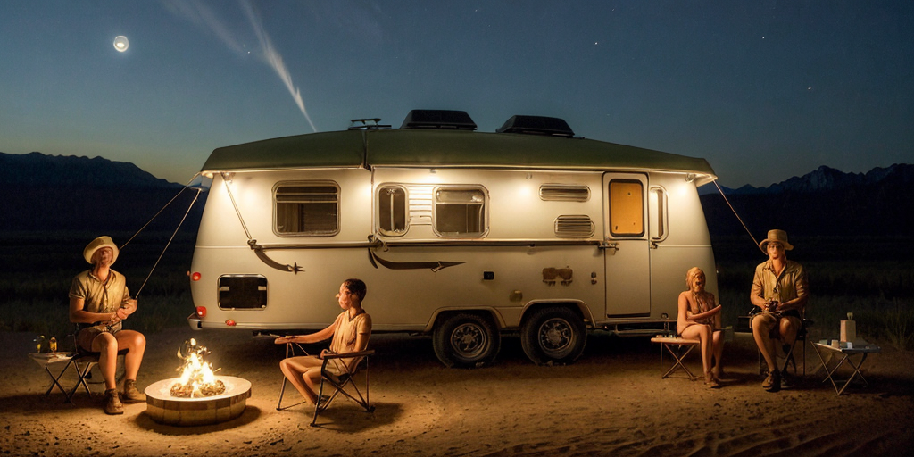 (ultra high res:1.4), (masterpiece), (beautiful lighting:1.4) , dessert, camp, people, caravan, illustration, anime, outdoor, sky, night, star, camping,