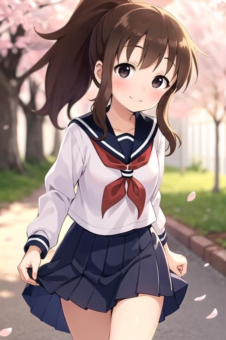 masterpiece, best quality, <lora:takagawa_sumire:0.7> takagawa_sumire, 1girl, solo, long hair, blush, smile, brown hair, ponytail, black eyes, looking at viewer, serafuku, sailor collar, red neckerchief, pleated skirt, outdoors, cherry blossoms, falling petals, sunlight, delicated face and eyes, colorful