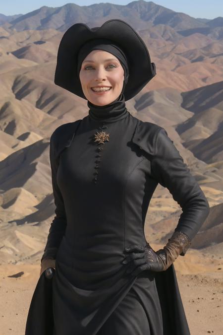 <lora:Headmistress Bruno Von Kleff_epoch_10:0.8>,1girl, solo, HM_B_V_K, black headwear, black dress, (black cloak), necklace, grey eyes, black gloves, hands on hips, wicked grin, standing proudly in a desert (insanely detailed, masterpiece, detailed eyes, best quality), upper body shot, (insanely detailed, beautiful detailed face, masterpiece, beautiful detailed eyes, best quality),