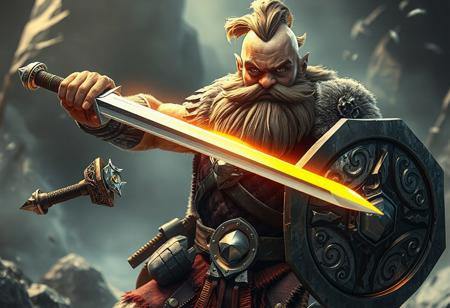 A detailed, full body 4K image of a Rockstone technoviking Warrior with a Sword of Revealing Light. The warrior, a fierce bearded dwarf with a chest guard, is depicted in a dynamic action pose, wearing a Metalmorph tops and wielding a sword and shield. The image features vivid emotions, stunning colors, and a powerful message. The composition is impeccable, with a captivating use of lighting and a well-timed moment. The style is influenced by filmation animation, WWF, and Houdini. The image is handcrafted with precision and features sharp lines, brush strokes, and beautiful detailed eyes. It is trending on ArtstationHQ and adheres to the golden ratio design concept.