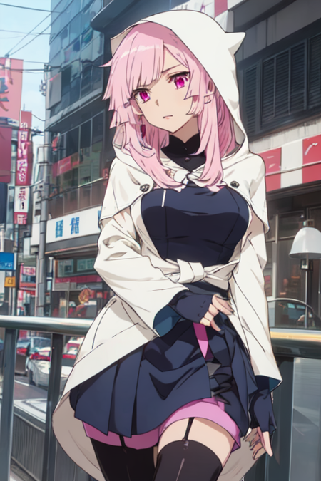 EmiKino, 1girl, solo, long hair, pink hair, thighhighs, pantyhose, hood, fingerless gloves, pink eyes, 