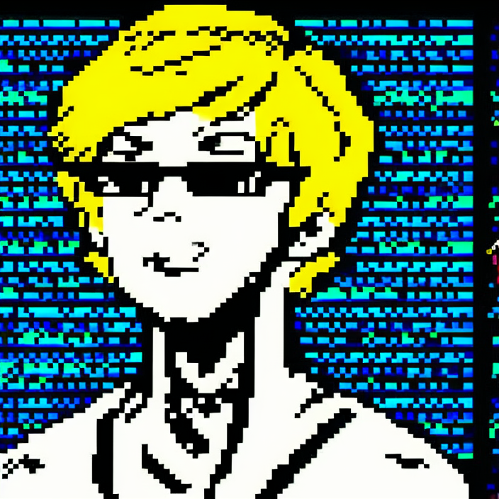 Anime boy with short yellow hair, blue eye and glasses, teletext