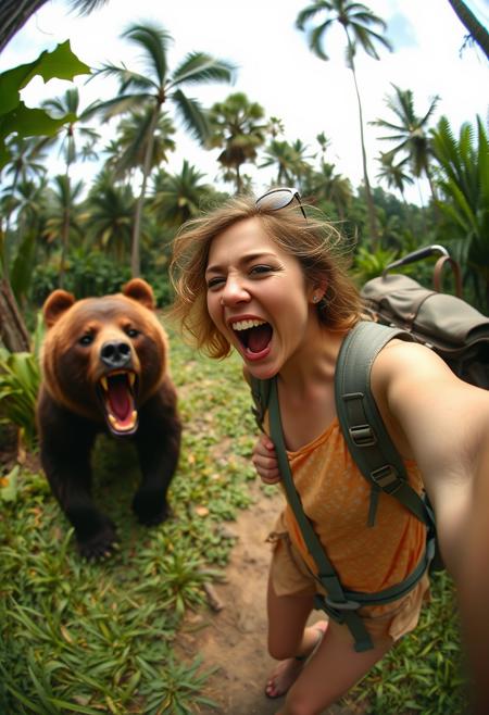 Selfie, fisheye lens, photorealistic girl traveller screaming and running : in the background, angry bear, jungle