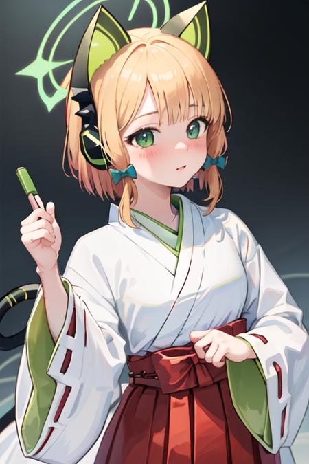 best quality, masterpiece, highres, solo, {white kimono:1.35}, {red hakama:1.35}, {wide sleeves:1.20}, {midori_bluearchive:1.15}, headphones, animal_ears, blonde_hair, fake_animal_ears, animal_ear_headphones, green_eyes, cat_ear_headphones, bow, halo, bangs, blush, hair_bow, short_hair