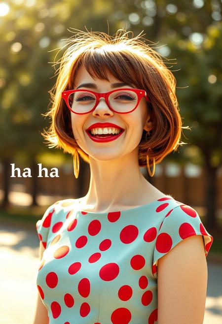 Photorealistic portrait of a petite quirky woman with a surreal 1960s aesthetic. She has a short, tousled chestnut bob haircut, pale skin, and is wearing red cat-eye glasses. Her makeup is dramatic with glossy bright red lipstick, thick eyeliner, and arched brows. She is smiling wide with an exaggerated laugh, her expression playful and ironic. She wears a vintage fit-and-flare dress with a bold retro print — polka dots or geometric shapes — in bright colors like cherry red or teal. Dangling mid-century style gold earrings. She stands outside in soft sunlight, trees blurred in the background.
The photo has a slightly overexposed, sun-kissed look with vintage lens flare and bokeh. Add light film grain and slight chromatic aberration for a dreamy analog effect. Style inspired by a 1960s television commercial or a surreal David Lynch dream sequence. Text on screen says “ha ha” in Helvetica, floating near her.
Keywords:
vintage fashion, retro glam, 1960s, surreal humor, pastel color palette, photorealism, film grain, quirky feminine energy, kitsch, dreamlike vibe