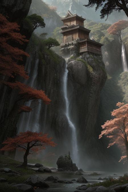 <lora:fantasybg_v1forsd1.5:1> fantasybg,no humans, nature,best quality,8k, RAW photo, masterpiece, best quality,CG, epic realistic,official art, masterpiece,forest, cliff, waterfall, wide shot, mountain, building,