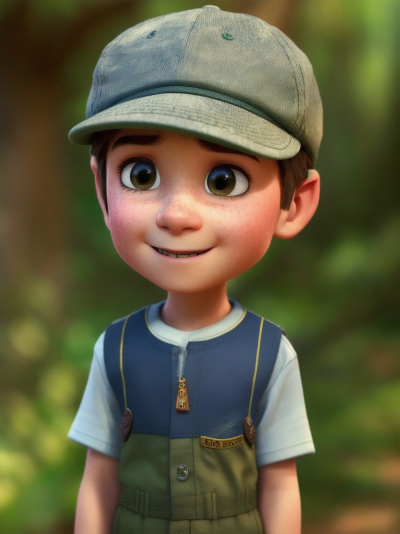 pixarstyle a waist-length portrait of a little boy, smirk, cap, nature, natural skin texture, 4k textures, hdr, intricate,...