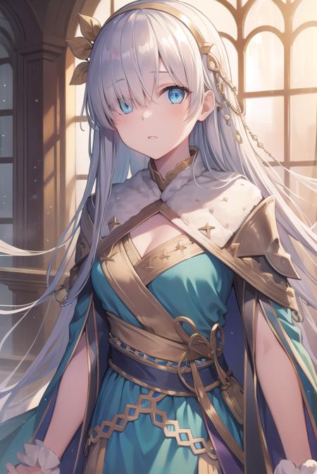 anastasia, blue eyes, grey hair, hair between eyes, (hair over one eye:1.5), long hair, bangs, blue cloak, brown hairband, cloak, dress, fur trim, hairband, royal robe, sash, tachi-e, white dress, wide sleeves,