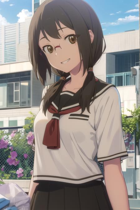 kotohaisone, <lora:kotoha isone hnu-lora-nochekaiser:1>,
kotoha isone, brown hair, twintails, (brown eyes:1.5), glasses, smile, grin,
BREAK skirt, school uniform, serafuku,
BREAK outdoors, city, sun, clouds,
BREAK looking at viewer, (cowboy shot:1.5),
BREAK <lyco:GoodHands-beta2:1>, (masterpiece:1.2), best quality, high resolution, unity 8k wallpaper, (illustration:0.8), (beautiful detailed eyes:1.6), extremely detailed face, perfect lighting, extremely detailed CG, (perfect hands, perfect anatomy),