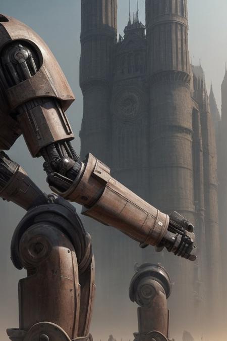 front side view, close-up, fantasy art, surrealism, grim, photorealism, hyger, a row of giant droids standing on a city wall, smog, epic, monumental, cinematic, mesmerizing, fine detail, close-up, dynamic, high detail, HDR, ultraHD, photorealistic