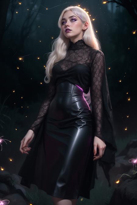 beautiful adult woman, age 30,  platinum blonde styled long hair, standing, candid, best quality, high quality, high detail, 4k, 8k resolution, <lora:HobbleMesh-48:0.8>,  corset, dr3ss, (pencil skirt), see-through, dark mesh shirt, breasts, powerful wizard, ((determined)), charcoal silver robes,(((magenta luminescence, fireflies, radiant))), ((magical sigils)), luminescent purple magic, backlit, dark, eerie crypt setting, ((death magic)), fantasy elements, high detail, 8k resolution