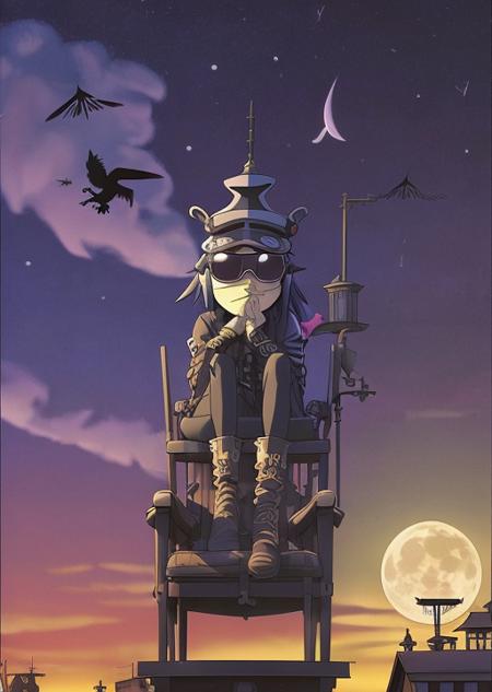 gorillazstyle, a woman sitting in a chair on top of a roof looking at the sky, moon, side view, weather vane, crows, 1girl, solo, street lights, goggles