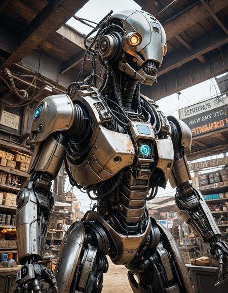 nomad trading post, traveling merchants, bartering, diverse goods (combustion, worm's eye view:1.2), Cybernetic robot , android, AI, machine, metal, wires, tech, futuristic, highly detailed, (masterpiece, intricate details:1.2)