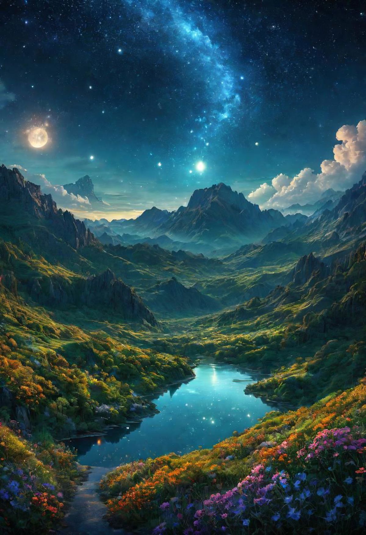 A painting of a mountainous landscape with a valley, water, and a starry night sky.