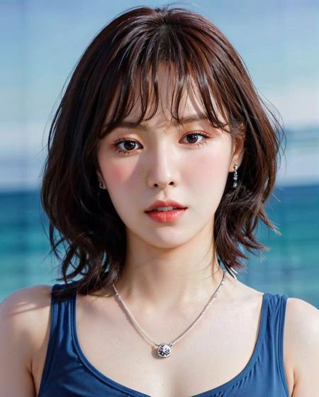 best quality, photorealistic, 8k, high res, 1girl, woman, (skindentation), (portrait:0.6), gorgeous, ((beachbackground:1.6)), ((onepieceswimsuit, smallsize round breast:1.9)), straight-looking at viewer:1.8, (1girl eyes looking at viewer, short-length hair,  brownhair, partedbangs:1.65), photorealistic, (bokeh), (smile, closed mouth:1.46), gorgeous, pureerosface_v1, <lora:IDOL-wendy:0.75>