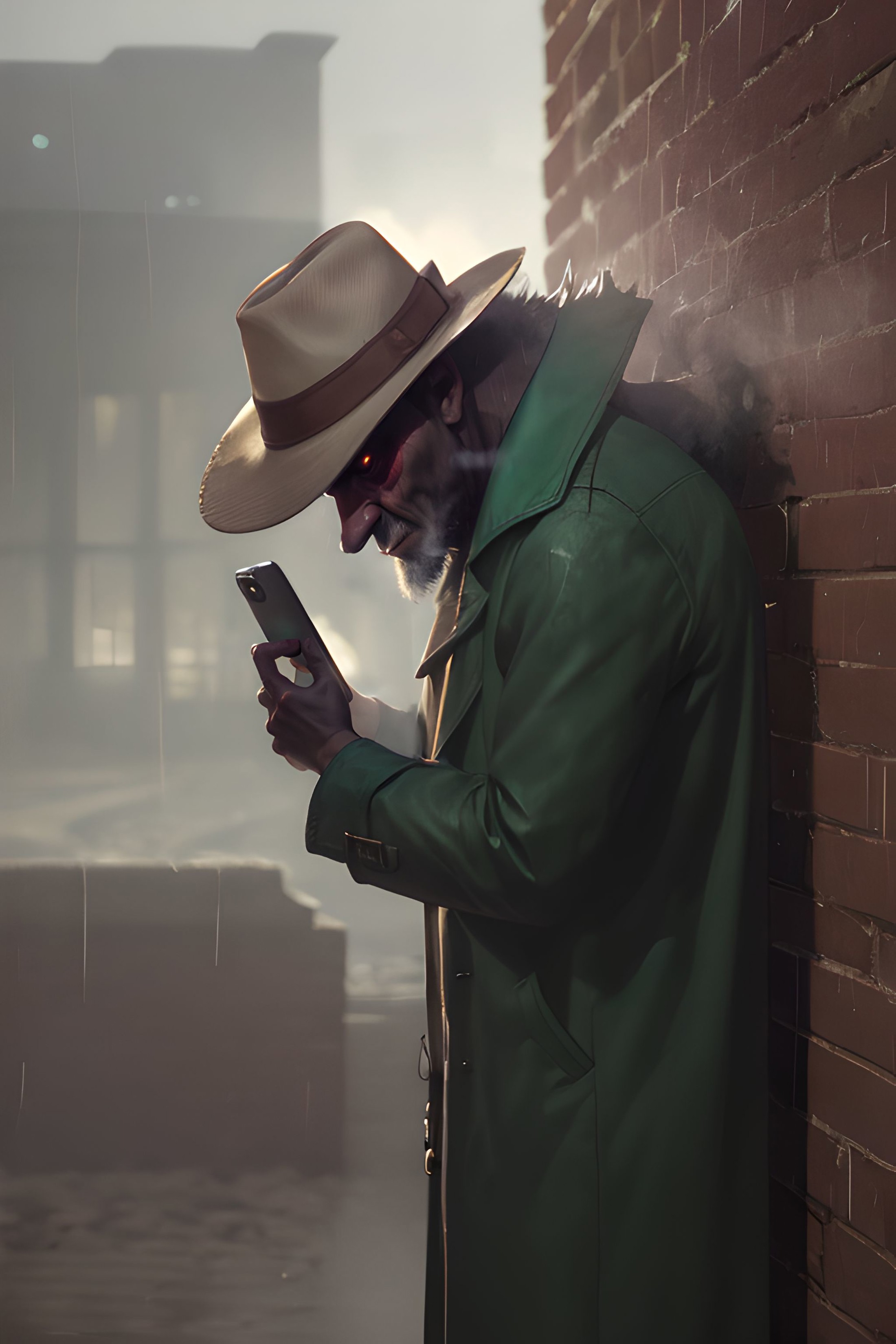 [monster:Noir detective:0.5], leaning on a brick wall, rain, grizzled, fedora, trenchcoat, side view, smoking a cigar, hol...