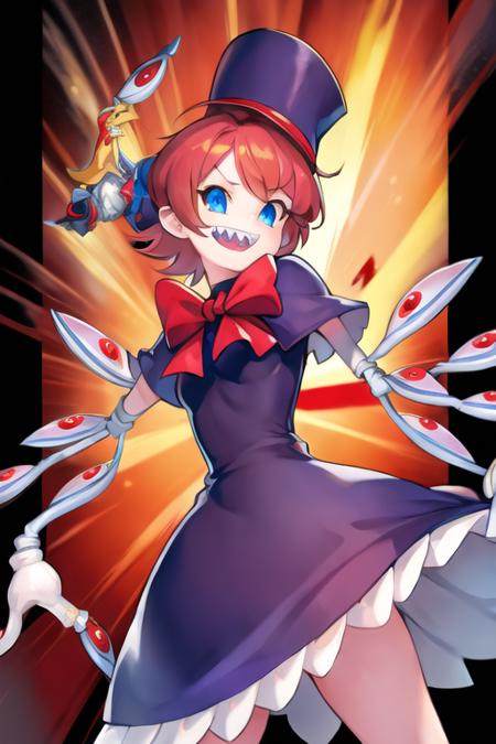 1girl, sgpeacock, short hair, sharp teeth, (mechanical arms:1.2), bow, hat, dress  <lora:peacock-skullgirls:0.70>