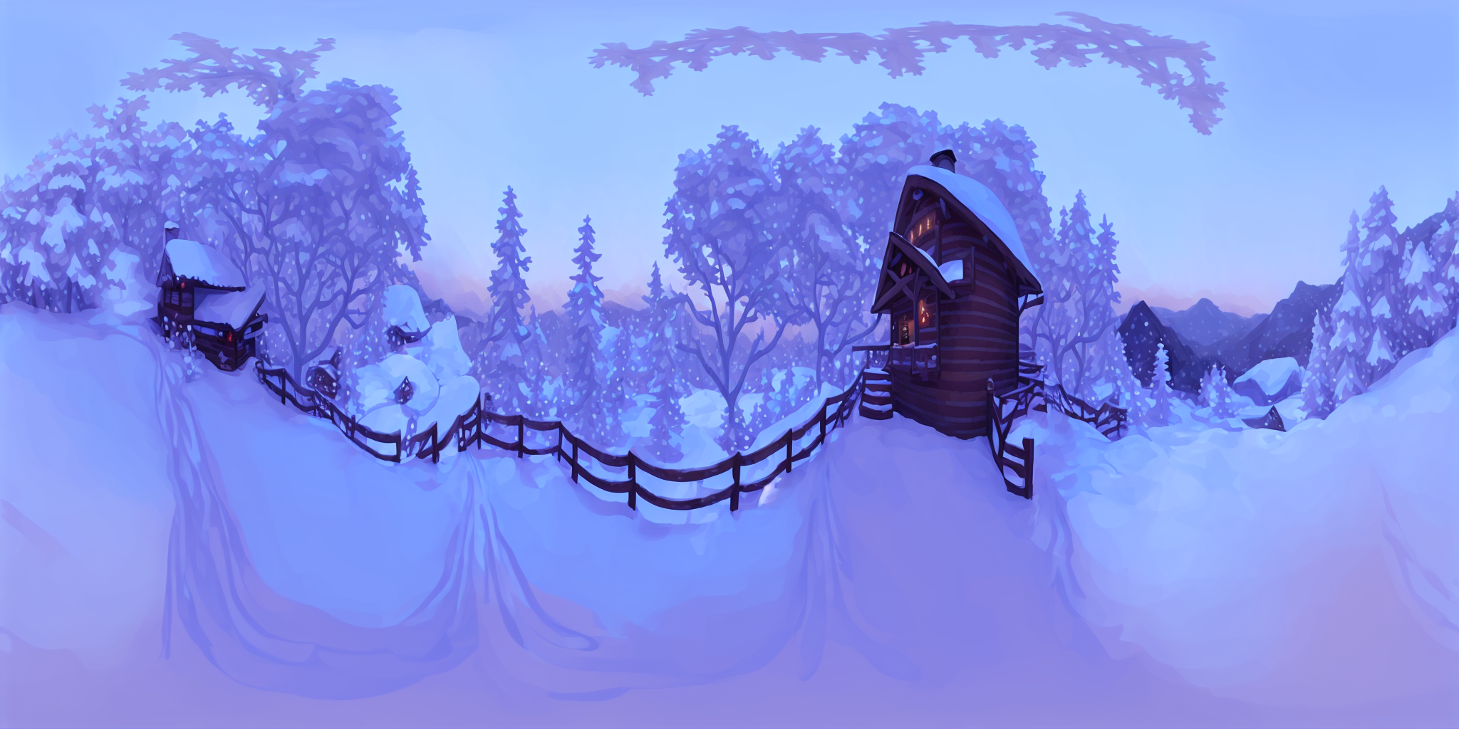 a beautiful winter wonderland with snow covered trees and a ski cabin, digital painting, qxj <lora:360Diffusion_v1:1>