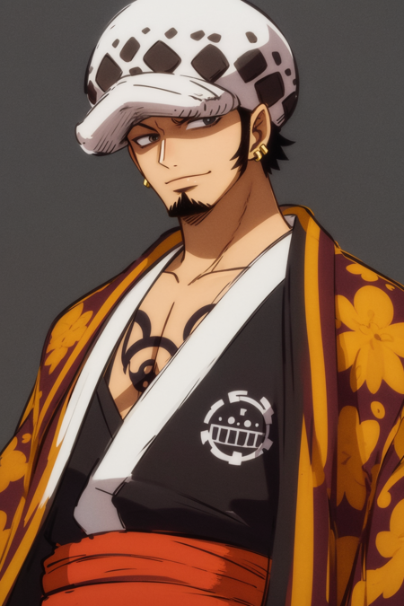 masterpiece, best quality, 1boy, tdlwano, black hair, hat, chest tattoo, earrings, facial hair, long sideburns, goatee, japanese clothes, kimono, over shoulder, upper body, looking at viewer, smile, sketch, solo, simple background <lora:TrafalgarDLawWano:1>