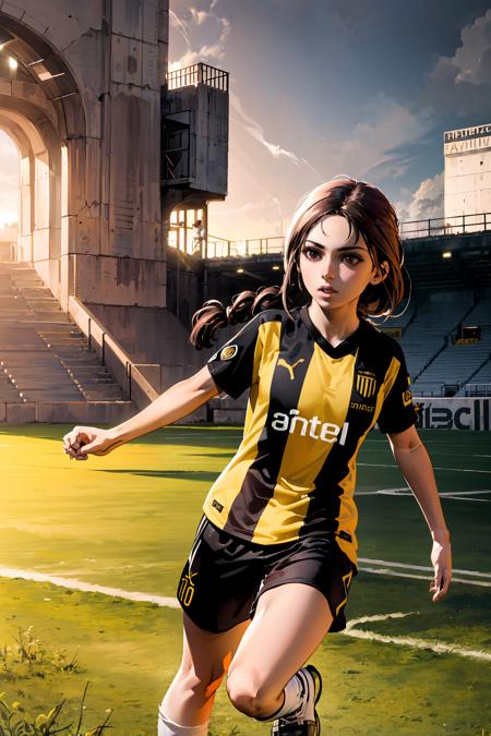 (extremely detailed CG unity 8k wallpaper), (best quality), (ultra-detailed), (best illustration), 1girl, detailed soccer stadium, outdoors, beautiful sunlight, soccer uniform, shorts, socks, soccer, (striped uniform), <lora:tombraider_classiclaracroft:0.8>, brown hair, brown eyes, <lyco:penarol-10:0.8>, penarol, lara croft, single braid, green field