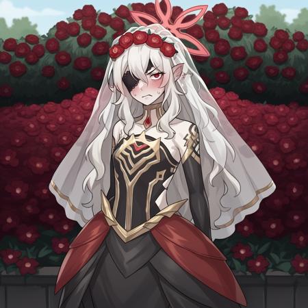 Embla_FEH  red eyes, long hair, pointy ears,white hair, colored skin, halo, eyepatch, high heels, black dress, elbow gloves,