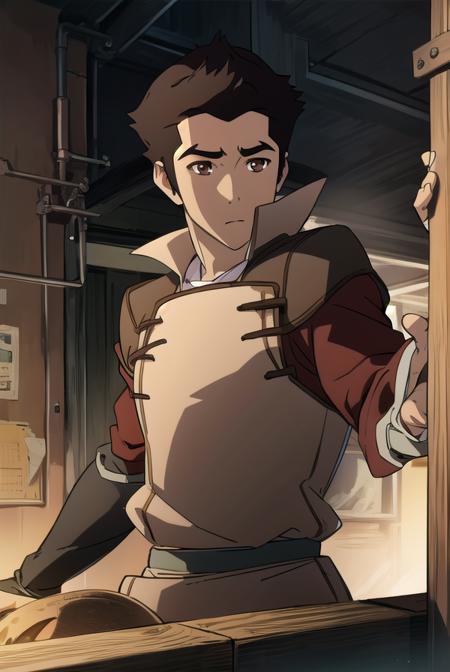 mako, 1boy, mature male, short hair, black hair, (brown eyes:1.5), jacket, red bodysuit, earrings, tank top, white tank top, gloves, scarf, sleeves rolled up, red scarf,