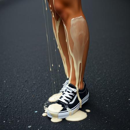 woman wearing sneakers, woman standing on a black asphalt street. 
someone off camera is shooting a thin stream of off-white creamy sauce. The sauce is flying through the air and landing on her legs and all over her sneakers. It si dripping down her legs and down her sneakers
(((all-black-canvas-women's-Vans-sneakers))), (((Vans-Authentic-sneakers))), ((((black-sneakers-with-white-laces)))