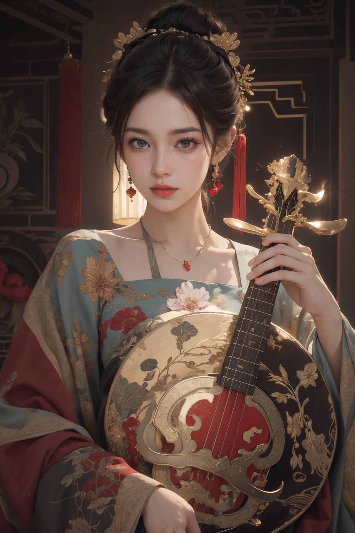 A beautiful Asian woman with long black hair is holding a guitar and posing for a photo. She is wearing a blue dress and a gold necklace, and her outfit is adorned with flowers. The guitar is quite large, taking up a significant portion of the image.