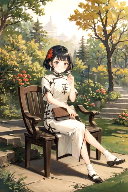 (masterpiece),(best quality),(ultra-detailed),1girl,beautiful and detailed face, chinese clothes,red flower dress, black hair, sitting, tree, short sleeves, book, chair, outdoors, fine art parody,<lora:rugu_v1:1>