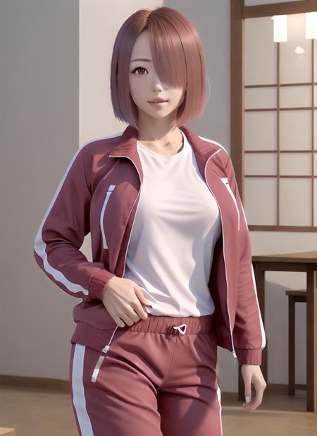 photorealistic , 1girl, solo,  <lora:hoshino_miyako-v2:0.8>, hoshino_miyako, red hair, red eyes, hair over one eye, short hair, indoors, track pants, white shirt, large breasts, t-shirt, track jacket, open jacket, japanese, young