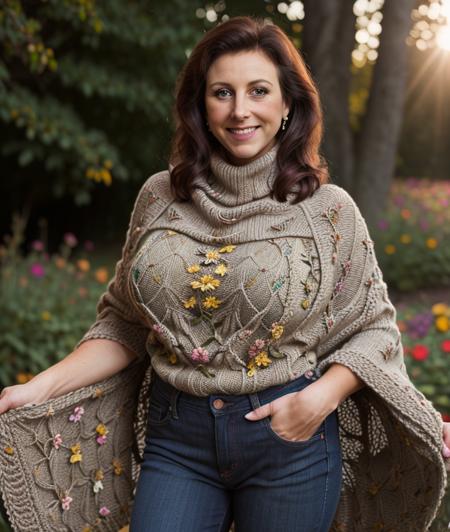 1v3n1g , mature, Ultra-HD-details, nature, outdoor, Colorful flowers, undergrowth, warm light, sunset, upper body, breast, large breast, smile, Cloak, intricate, detailed eyes, Short jeans, (Knit turtleneck)