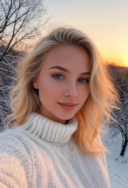 Selfie, a blonde female, wearing a white sweater, outdoors, snowy, sunset, shot on an iPhone, high angle view, detailed, DSLR, soft lighting, detailed skin, photo-realism