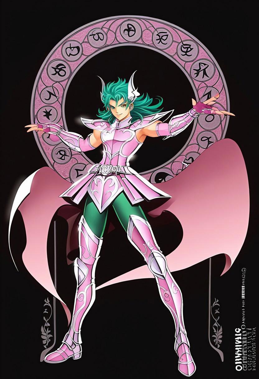 score_9, score_8_up, score_7_up, source_anime, masterpiece, best quality, 1boy, solo, andromeda shun, anshun, slim, pink sleeveless armor, long wavy green hair, pink helmet with two prongs and silver accents, pink vambraces, large pink pauldrons, fingerless pink gloves, pink thighhigh greaves, green pants, pink boots, stylized belt buckle with silver and pink accents, andromeda (symbol), black background, demoniac, dark, chiaroscuro, low-key, dynamic pose